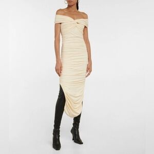 KHAITE Spence Ruched Off Shoulder Cotton Jersey Midi Dress In Cream S Org $1,380